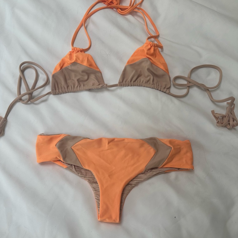 Acacia Swimwear Striped Bikini Top in Orange and Tan